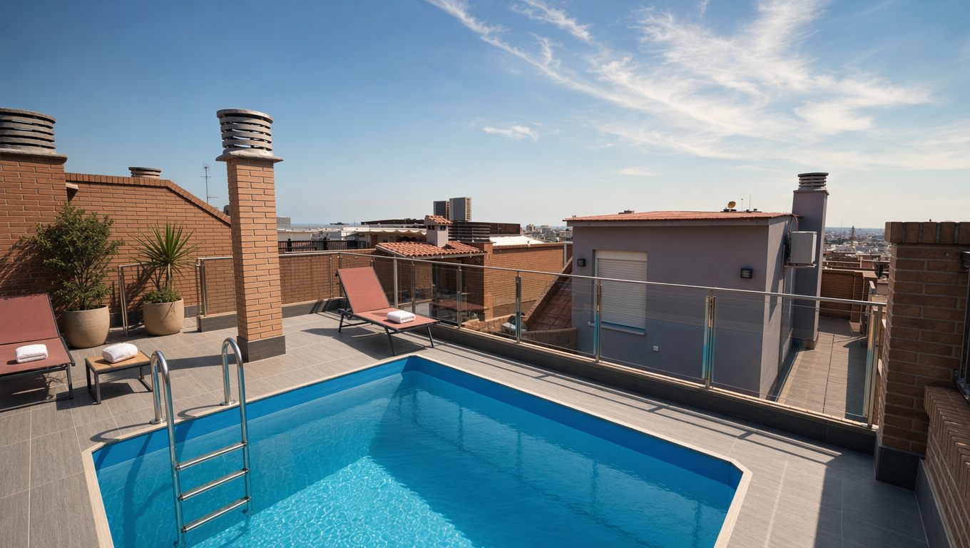 Terraza privada en la azotea con piscina y solárium de un ático en Benimaclet, València